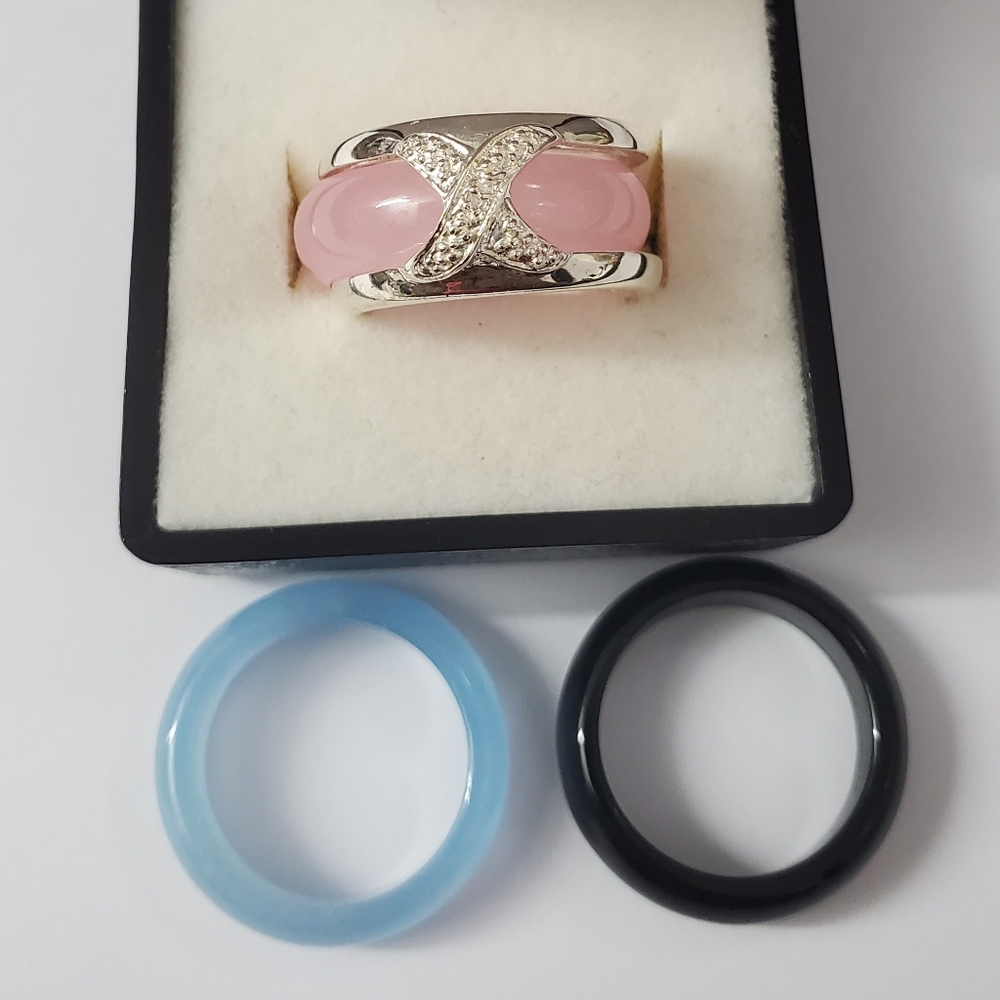 Sterling Silver 925 Black, Blue And Pink Jade Ring.